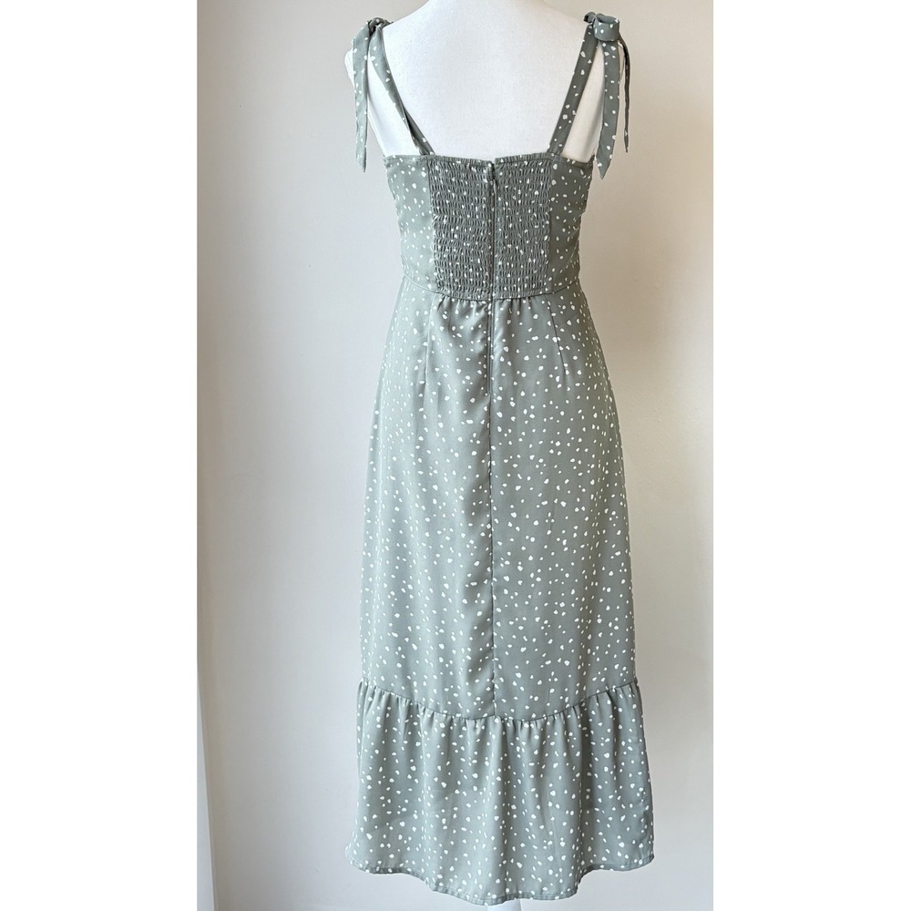Abercrombie & Fitch Tie Strap Midi Dress Small Green Polka Dot Ruffles Side Slit - Picture 4 of 8